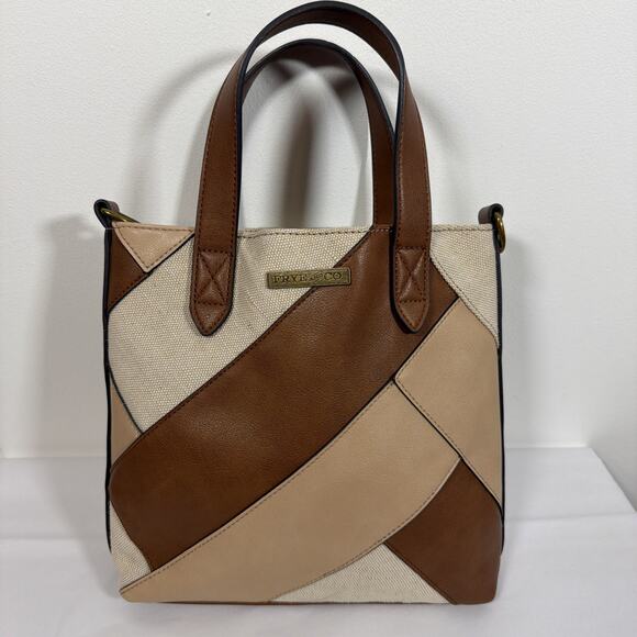 Frye And Co. Vegan Leather Jute Hand Bag Medium Size Brown/Tan/Jute Patchwork - Picture 2 of 10